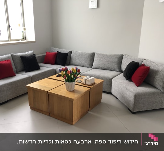 כריות אדומות ושחורות על ספה אפורה